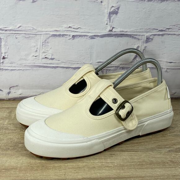 Vans Shoes - Vans Mary Jane Slip On Sneakers Women's 7.5 Cream Beige Buckle Flats Loafers